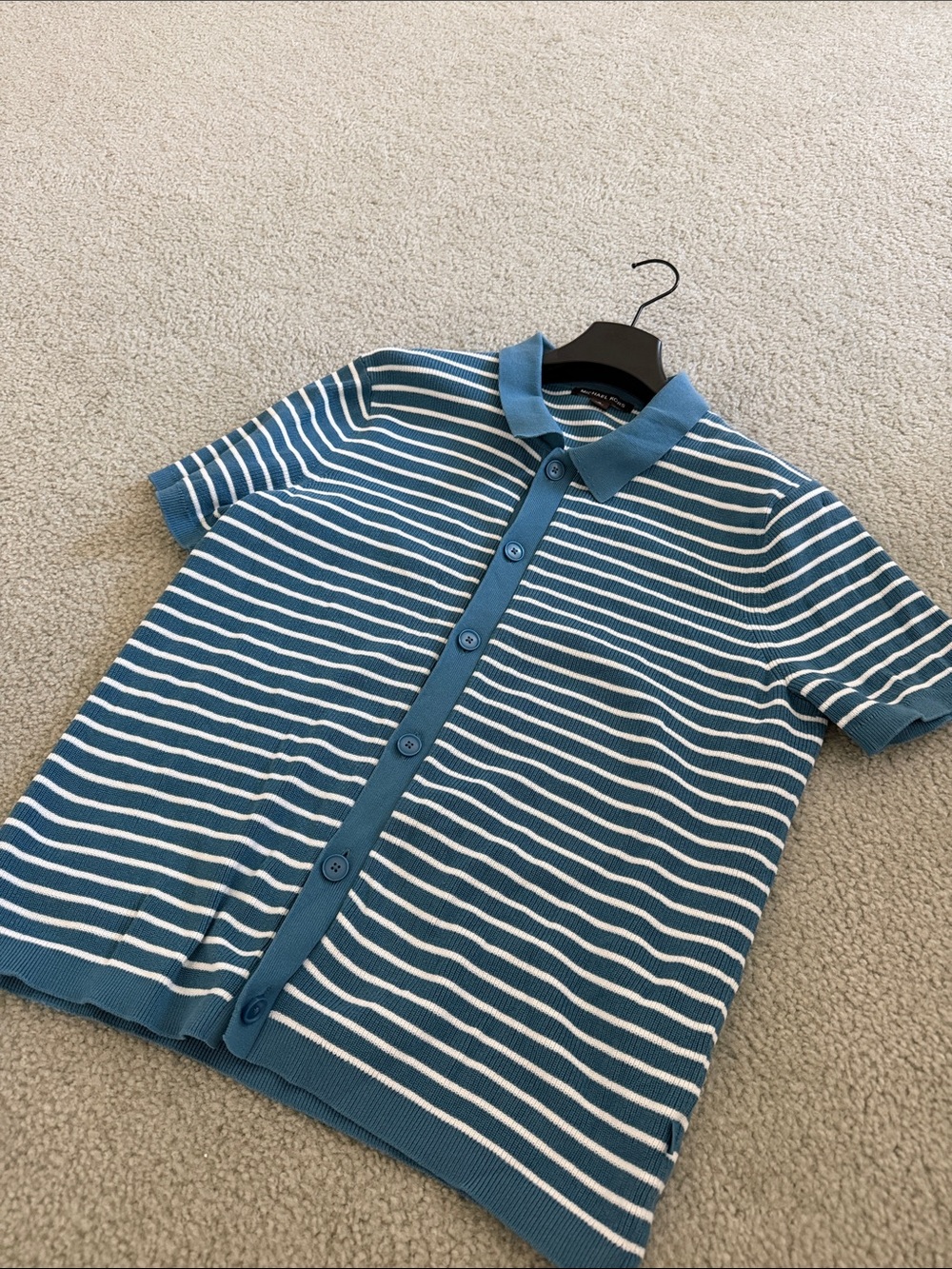 Michael Kors Teal and White Striped Short-Sleeve Polo Cardigan